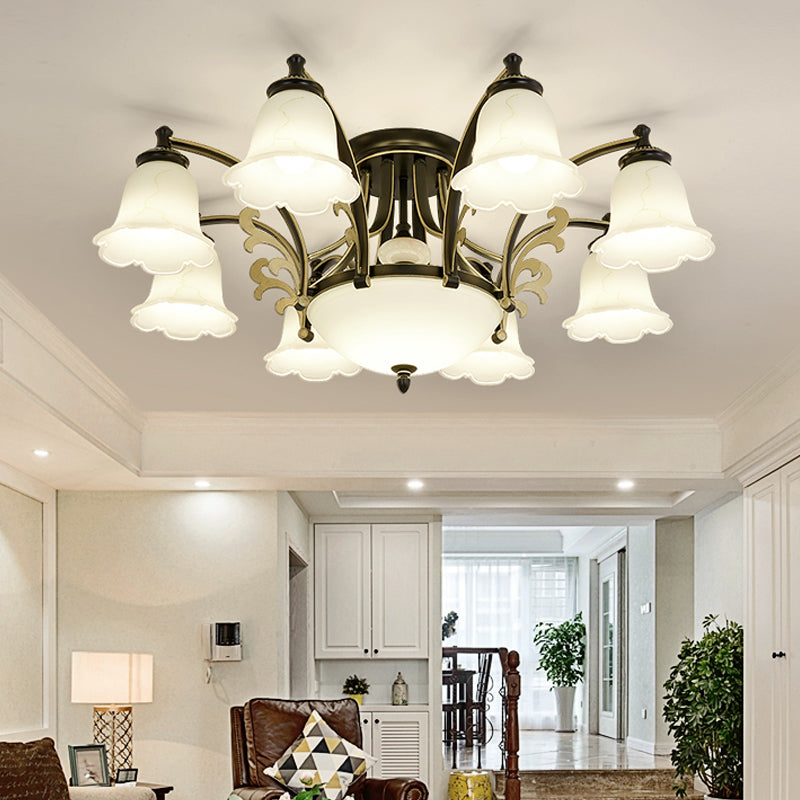 Floral Shaped White Glass Semi Flush Mount Light Vintage 3/6/8 Lights Dining Room Ceiling Lamp in Black 8 Black Clearhalo 'Ceiling Lights' 'Close To Ceiling Lights' 'Close to ceiling' 'Glass shade' 'Glass' 'Semi-flushmount' Lighting' 227448