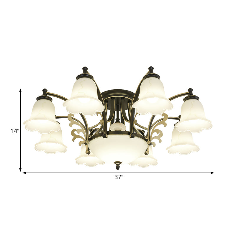 Floral Shaped White Glass Semi Flush Mount Light Vintage 3/6/8 Lights Dining Room Ceiling Lamp in Black Clearhalo 'Ceiling Lights' 'Close To Ceiling Lights' 'Close to ceiling' 'Glass shade' 'Glass' 'Semi-flushmount' Lighting' 227451