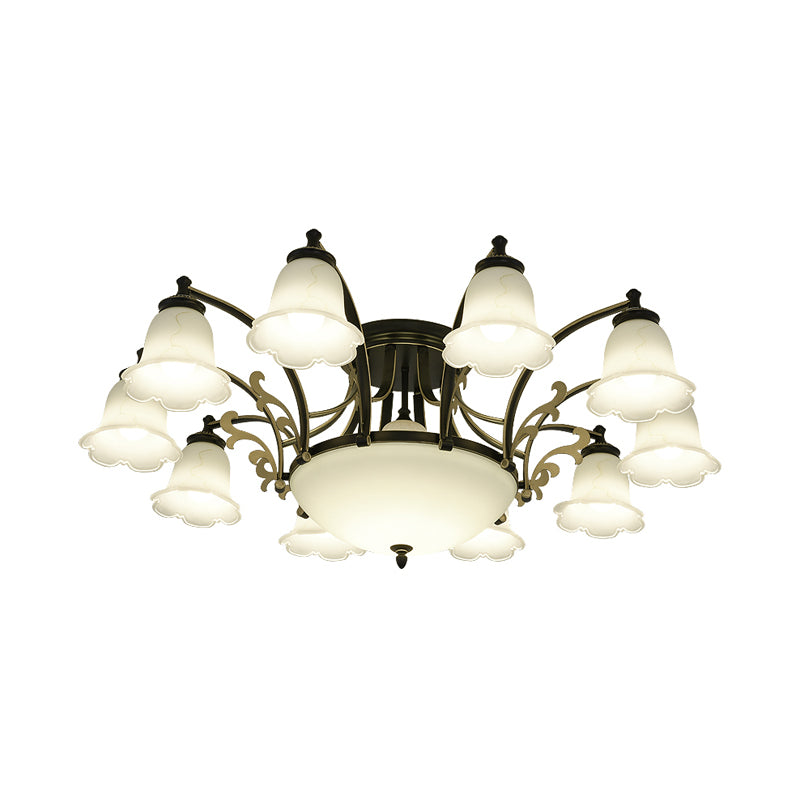 Floral Shaped White Glass Semi Flush Mount Light Vintage 3/6/8 Lights Dining Room Ceiling Lamp in Black Clearhalo 'Ceiling Lights' 'Close To Ceiling Lights' 'Close to ceiling' 'Glass shade' 'Glass' 'Semi-flushmount' Lighting' 227454