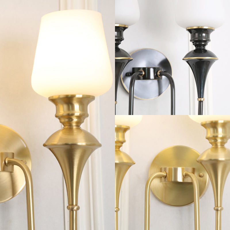 Cone White Glass Wall Sconce Light Traditional 1/2 Lights Bedroom Wall Mounted Light in Gold/Black Clearhalo 'Wall Lamps & Sconces' 'Wall Lights' Lighting' 227493