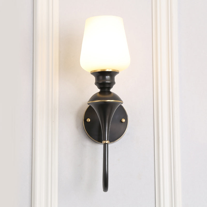 Cone White Glass Wall Sconce Light Traditional 1/2 Lights Bedroom Wall Mounted Light in Gold/Black 1.0 Black Clearhalo 'Wall Lamps & Sconces' 'Wall Lights' Lighting' 227494