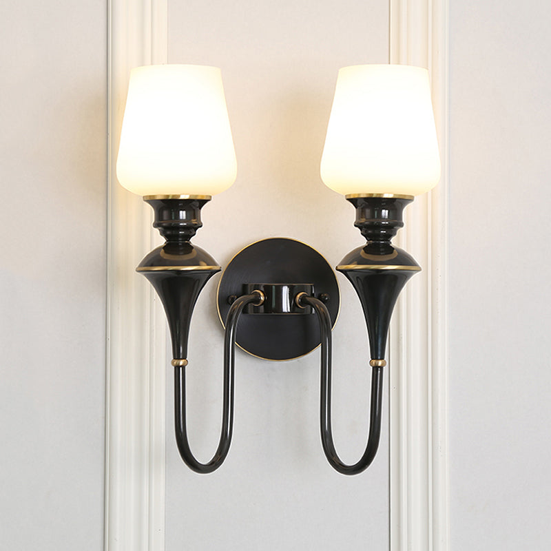 Cone White Glass Wall Sconce Light Traditional 1/2 Lights Bedroom Wall Mounted Light in Gold/Black 2.0 Black Clearhalo 'Wall Lamps & Sconces' 'Wall Lights' Lighting' 227497