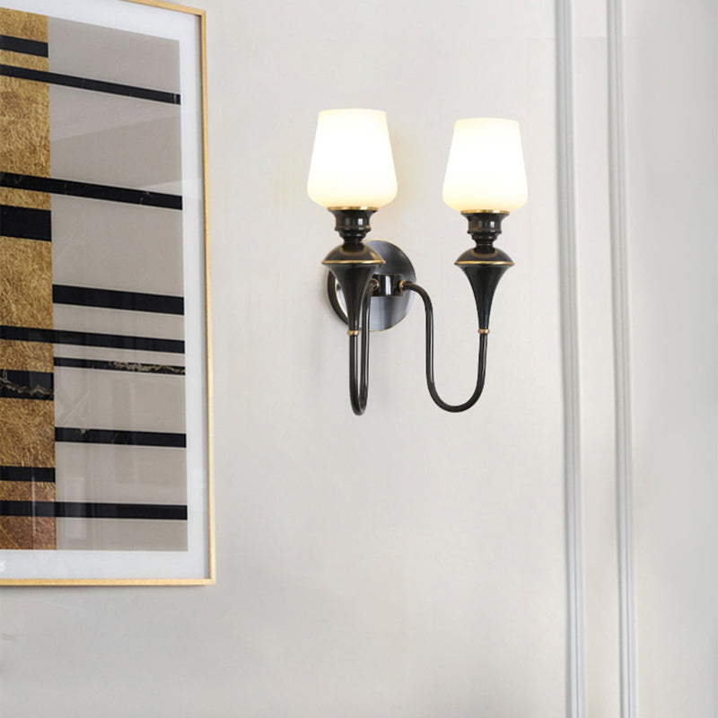 Cone White Glass Wall Sconce Light Traditional 1/2 Lights Bedroom Wall Mounted Light in Gold/Black Clearhalo 'Wall Lamps & Sconces' 'Wall Lights' Lighting' 227498