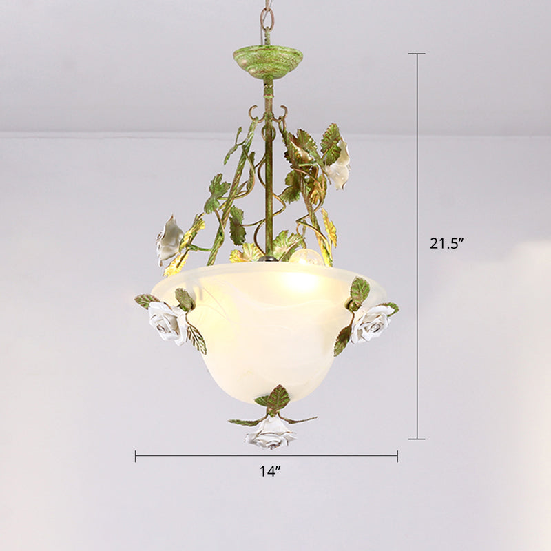 White Glass Bell Shape Pendant Chandelier American Flower Dining Room Hanging Light in Green Green 14" Clearhalo 'Ceiling Lights' 'Chandeliers' 'Glass shade' 'Glass' Lighting' 2275185