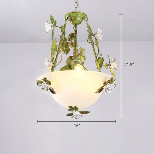 White Glass Bell Shape Pendant Chandelier American Flower Dining Room Hanging Light in Green Green 16" Clearhalo 'Ceiling Lights' 'Chandeliers' 'Glass shade' 'Glass' Lighting' 2275186