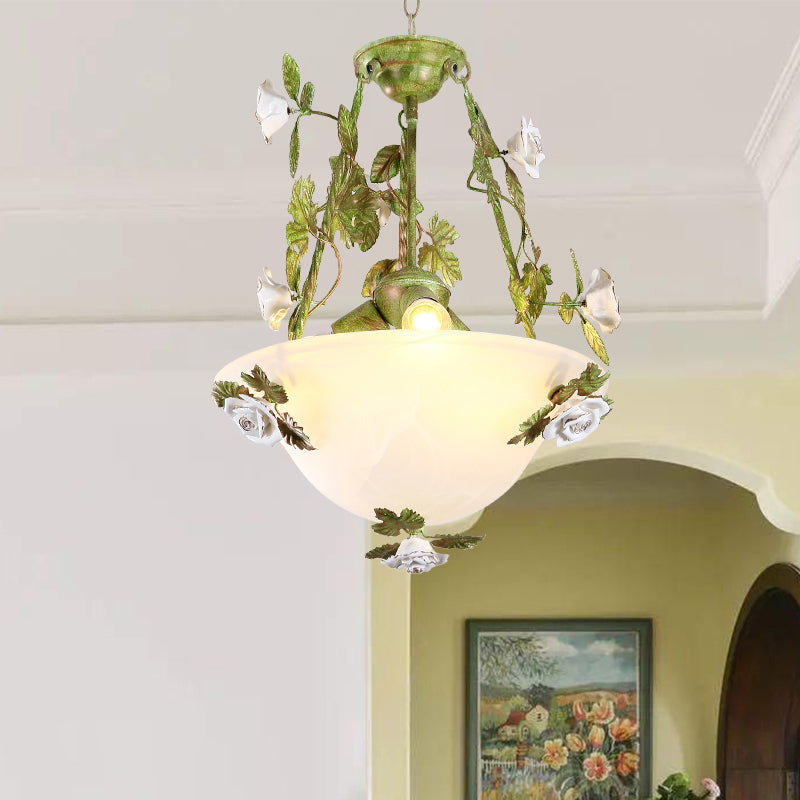 White Glass Bell Shape Pendant Chandelier American Flower Dining Room Hanging Light in Green Clearhalo 'Ceiling Lights' 'Chandeliers' 'Glass shade' 'Glass' Lighting' 2275187