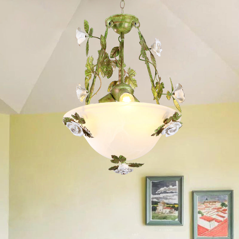 White Glass Bell Shape Pendant Chandelier American Flower Dining Room Hanging Light in Green Clearhalo 'Ceiling Lights' 'Chandeliers' 'Glass shade' 'Glass' Lighting' 2275188