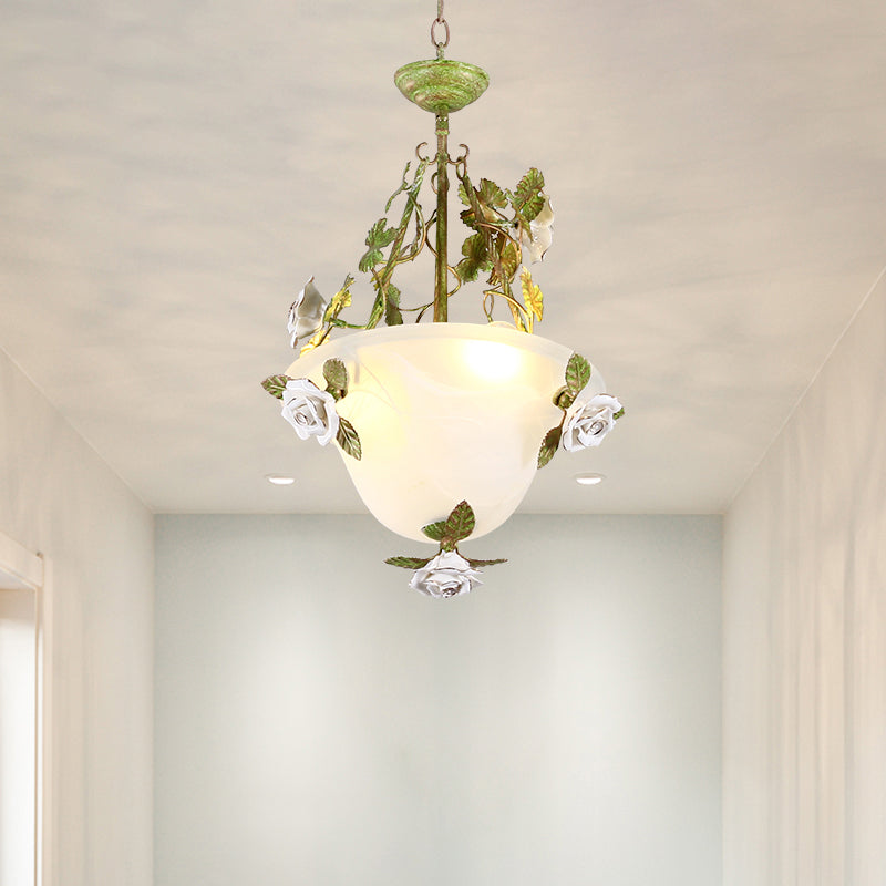 White Glass Bell Shape Pendant Chandelier American Flower Dining Room Hanging Light in Green Clearhalo 'Ceiling Lights' 'Chandeliers' 'Glass shade' 'Glass' Lighting' 2275189