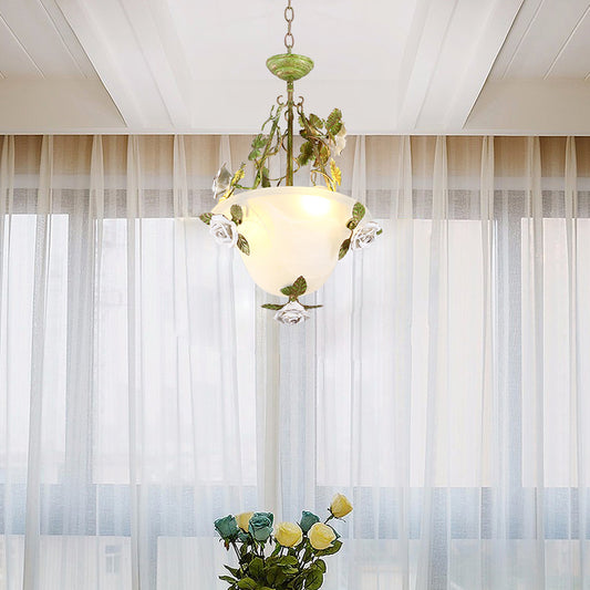 White Glass Bell Shape Pendant Chandelier American Flower Dining Room Hanging Light in Green Clearhalo 'Ceiling Lights' 'Chandeliers' 'Glass shade' 'Glass' Lighting' 2275190