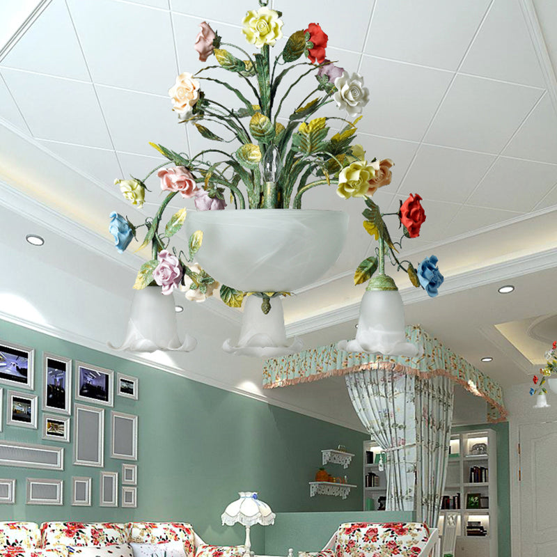 Ceramic Potted Flower Chandelier Pastoral Living Room Suspension Light with Bowl Opal Glass Shade Clearhalo 'Ceiling Lights' 'Chandeliers' 'Close To Ceiling Lights' 'Glass shade' 'Glass' Lighting' 2275191