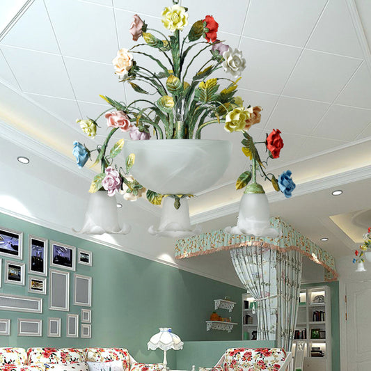 Ceramic Potted Flower Chandelier Pastoral Living Room Suspension Light with Bowl Opal Glass Shade Clearhalo 'Ceiling Lights' 'Chandeliers' 'Close To Ceiling Lights' 'Glass shade' 'Glass' Lighting' 2275191