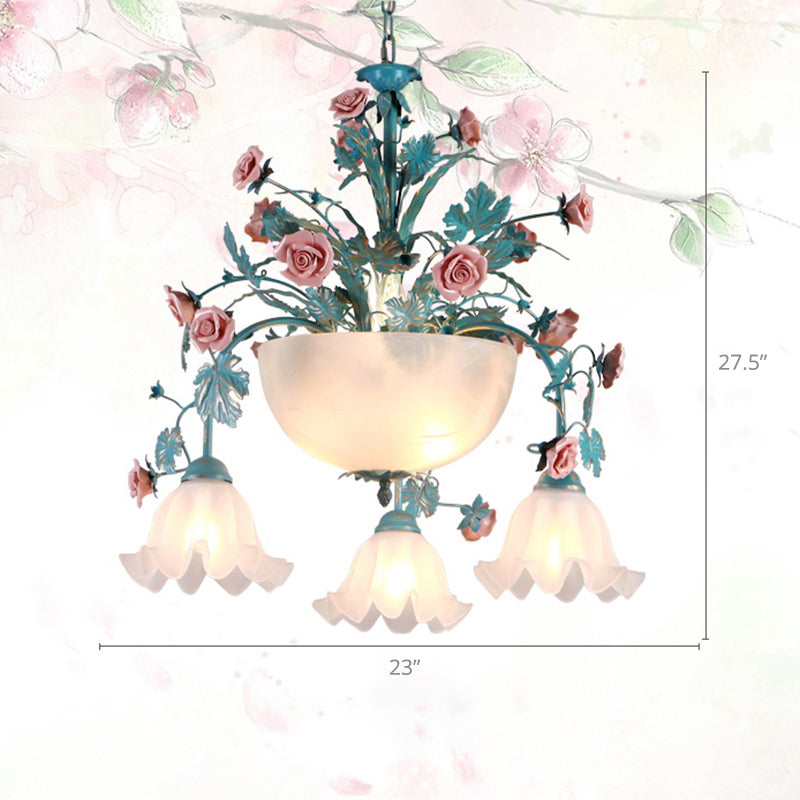 Ceramic Potted Flower Chandelier Pastoral Living Room Suspension Light with Bowl Opal Glass Shade 7 Blue Clearhalo 'Ceiling Lights' 'Chandeliers' 'Close To Ceiling Lights' 'Glass shade' 'Glass' Lighting' 2275192