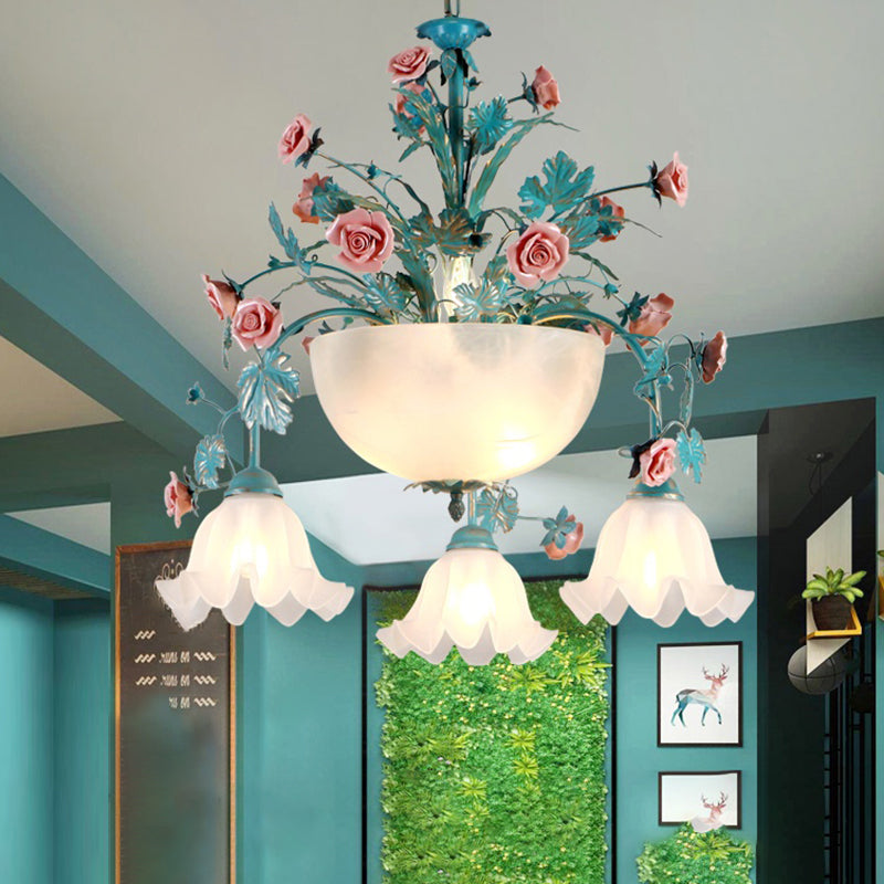 Ceramic Potted Flower Chandelier Pastoral Living Room Suspension Light with Bowl Opal Glass Shade Clearhalo 'Ceiling Lights' 'Chandeliers' 'Close To Ceiling Lights' 'Glass shade' 'Glass' Lighting' 2275194