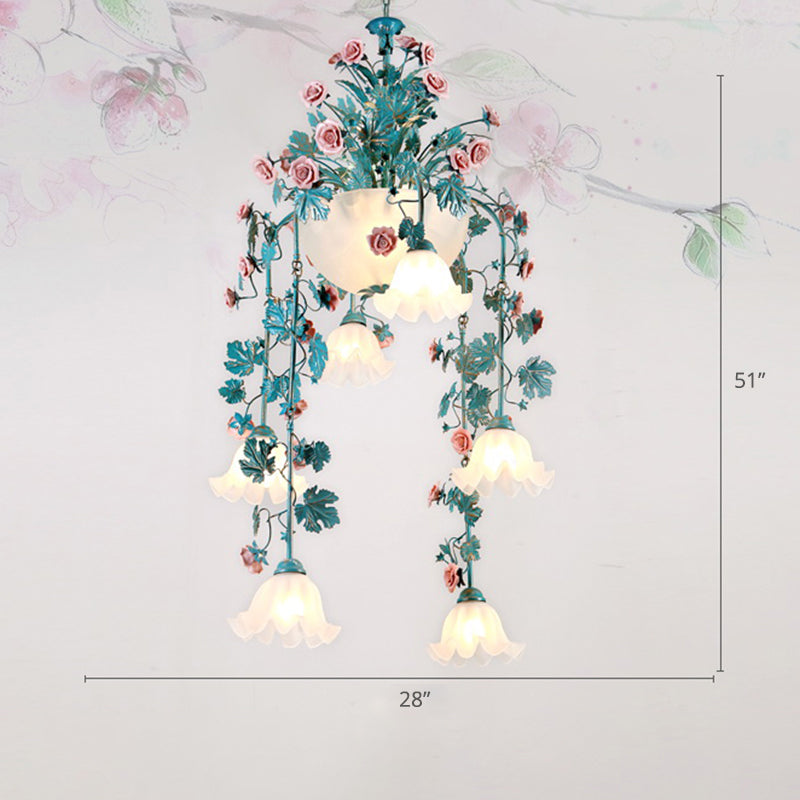 Ceramic Potted Flower Chandelier Pastoral Living Room Suspension Light with Bowl Opal Glass Shade 10 Blue Clearhalo 'Ceiling Lights' 'Chandeliers' 'Close To Ceiling Lights' 'Glass shade' 'Glass' Lighting' 2275195