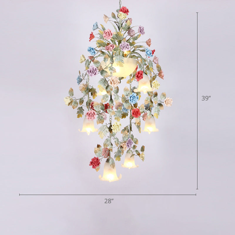 Ceramic Potted Flower Chandelier Pastoral Living Room Suspension Light with Bowl Opal Glass Shade 10 Green Clearhalo 'Ceiling Lights' 'Chandeliers' 'Close To Ceiling Lights' 'Glass shade' 'Glass' Lighting' 2275197