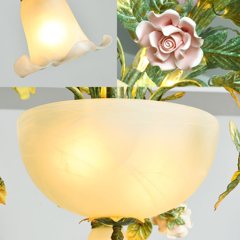 Ceramic Potted Flower Chandelier Pastoral Living Room Suspension Light with Bowl Opal Glass Shade Clearhalo 'Ceiling Lights' 'Chandeliers' 'Close To Ceiling Lights' 'Glass shade' 'Glass' Lighting' 2275198