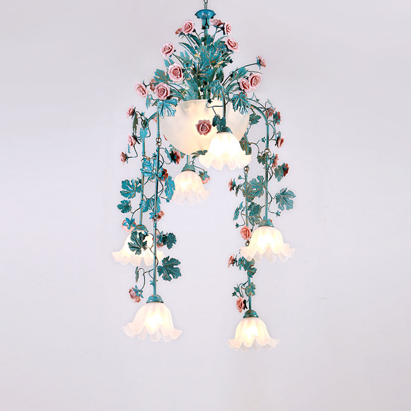 Ceramic Potted Flower Chandelier Pastoral Living Room Suspension Light with Bowl Opal Glass Shade Clearhalo 'Ceiling Lights' 'Chandeliers' 'Close To Ceiling Lights' 'Glass shade' 'Glass' Lighting' 2275199
