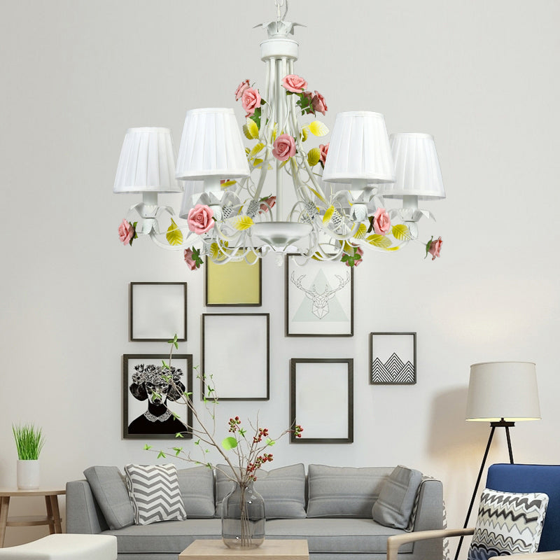 Pleated Fabric White Hanging Light Empire Shade Pastoral Style Chandelier with Decorative Rose Clearhalo 'Ceiling Lights' 'Chandeliers' Lighting' options 2275216