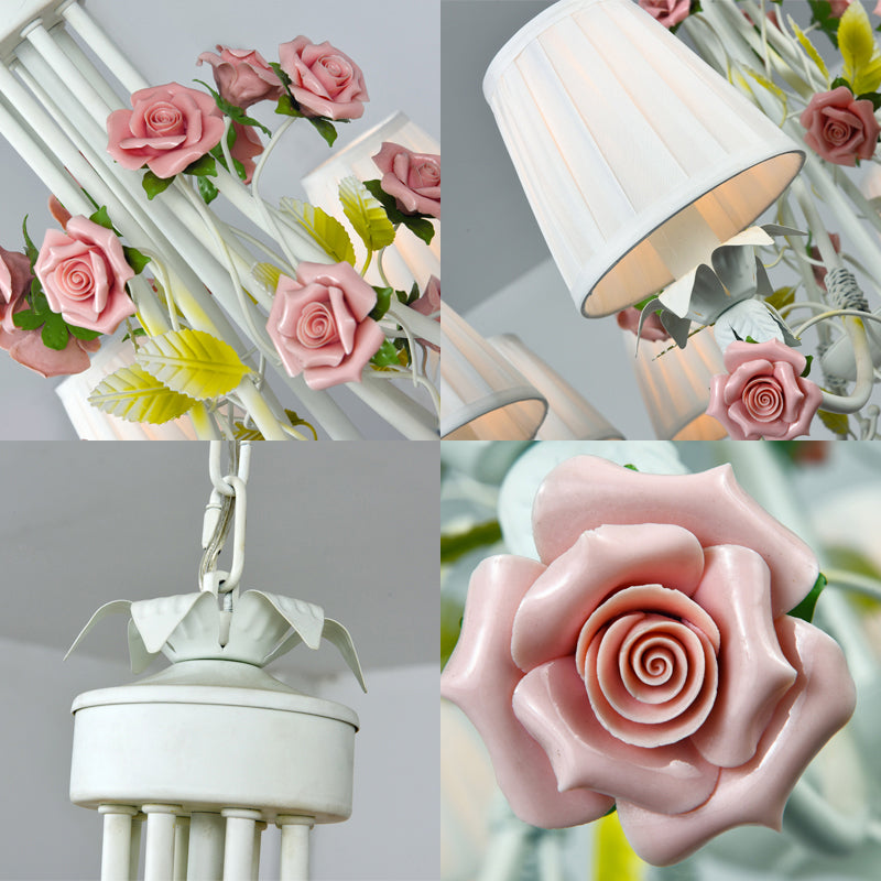 Pleated Fabric White Hanging Light Empire Shade Pastoral Style Chandelier with Decorative Rose Clearhalo 'Ceiling Lights' 'Chandeliers' Lighting' options 2275217