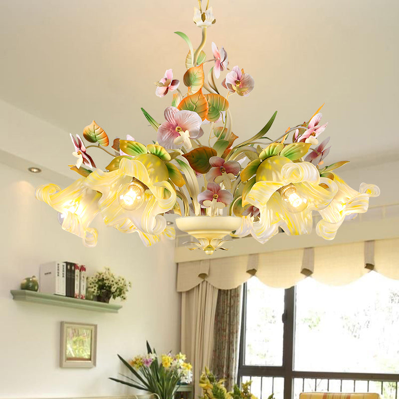 Korean Garden Flower Ceiling Chandelier White Glass Suspension Pendant Light in Green Clearhalo 'Ceiling Lights' 'Chandeliers' Lighting' options 2275220