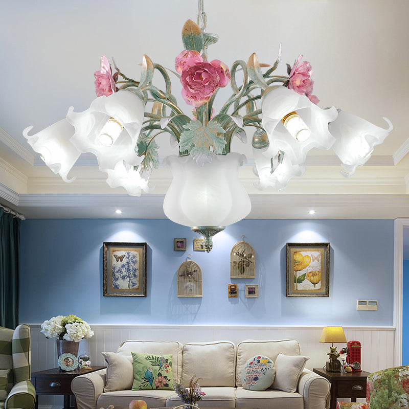 8 Heads Flower Ceiling Hang Lamp Pastoral White Frosted Glass Chandelier for Living Room Clearhalo 'Ceiling Lights' 'Chandeliers' 'Close To Ceiling Lights' 'Glass shade' 'Glass' Lighting' 2275226