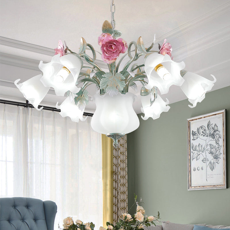 8 Heads Flower Ceiling Hang Lamp Pastoral White Frosted Glass Chandelier for Living Room Clearhalo 'Ceiling Lights' 'Chandeliers' 'Close To Ceiling Lights' 'Glass shade' 'Glass' Lighting' 2275228