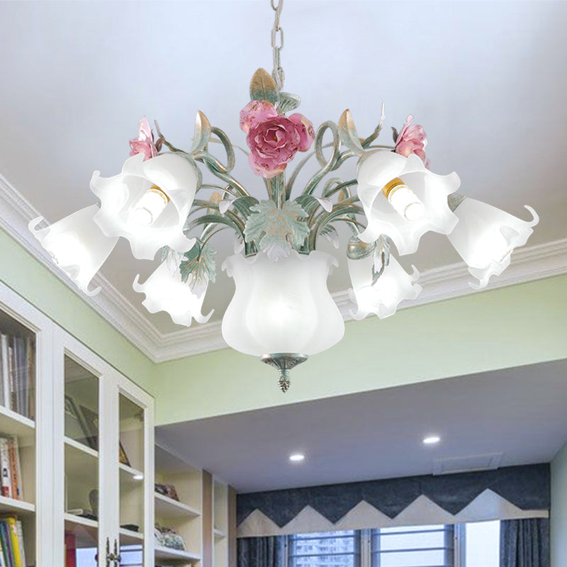 8 Heads Flower Ceiling Hang Lamp Pastoral White Frosted Glass Chandelier for Living Room Clearhalo 'Ceiling Lights' 'Chandeliers' 'Close To Ceiling Lights' 'Glass shade' 'Glass' Lighting' 2275229