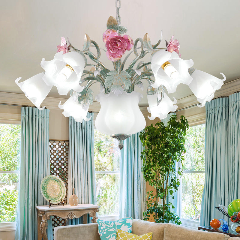 8 Heads Flower Ceiling Hang Lamp Pastoral White Frosted Glass Chandelier for Living Room Clearhalo 'Ceiling Lights' 'Chandeliers' 'Close To Ceiling Lights' 'Glass shade' 'Glass' Lighting' 2275230
