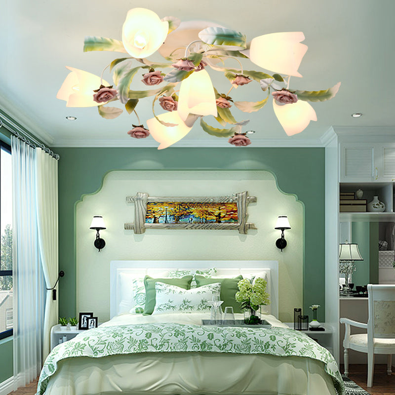 Floral Bedroom Ceiling Mount Chandelier Pastoral Frost Glass White Semi Flush Mount Lighting Clearhalo 'Ceiling Lights' 'Close To Ceiling Lights' 'Close to ceiling' 'Glass shade' 'Glass' 'Semi-flushmount' Lighting' 2275232