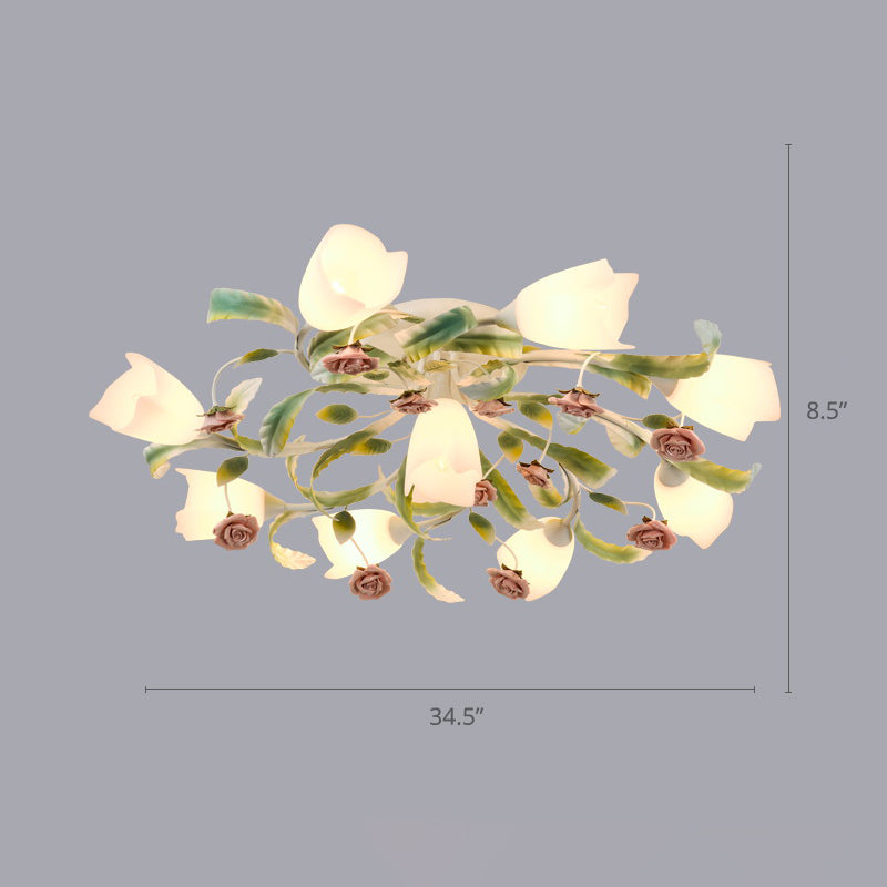 Floral Bedroom Ceiling Mount Chandelier Pastoral Frost Glass White Semi Flush Mount Lighting 9 White Clearhalo 'Ceiling Lights' 'Close To Ceiling Lights' 'Close to ceiling' 'Glass shade' 'Glass' 'Semi-flushmount' Lighting' 2275238