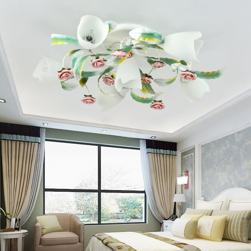 Floral Bedroom Ceiling Mount Chandelier Pastoral Frost Glass White Semi Flush Mount Lighting Clearhalo 'Ceiling Lights' 'Close To Ceiling Lights' 'Close to ceiling' 'Glass shade' 'Glass' 'Semi-flushmount' Lighting' 2275239