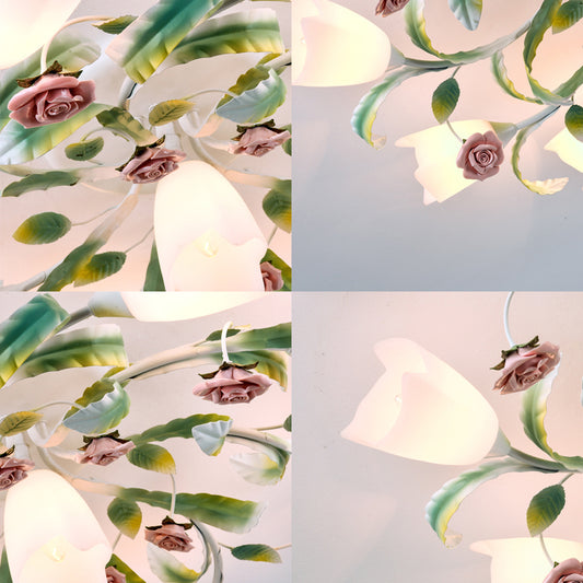 Floral Bedroom Ceiling Mount Chandelier Pastoral Frost Glass White Semi Flush Mount Lighting Clearhalo 'Ceiling Lights' 'Close To Ceiling Lights' 'Close to ceiling' 'Glass shade' 'Glass' 'Semi-flushmount' Lighting' 2275240