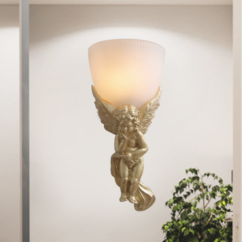 Bowl Frosted Glass Wall Light Fixture Vintage 1 Light Living Room with White/Gold Angel toward Right/Left Clearhalo 'Wall Lamps & Sconces' 'Wall Lights' Lighting' 227536