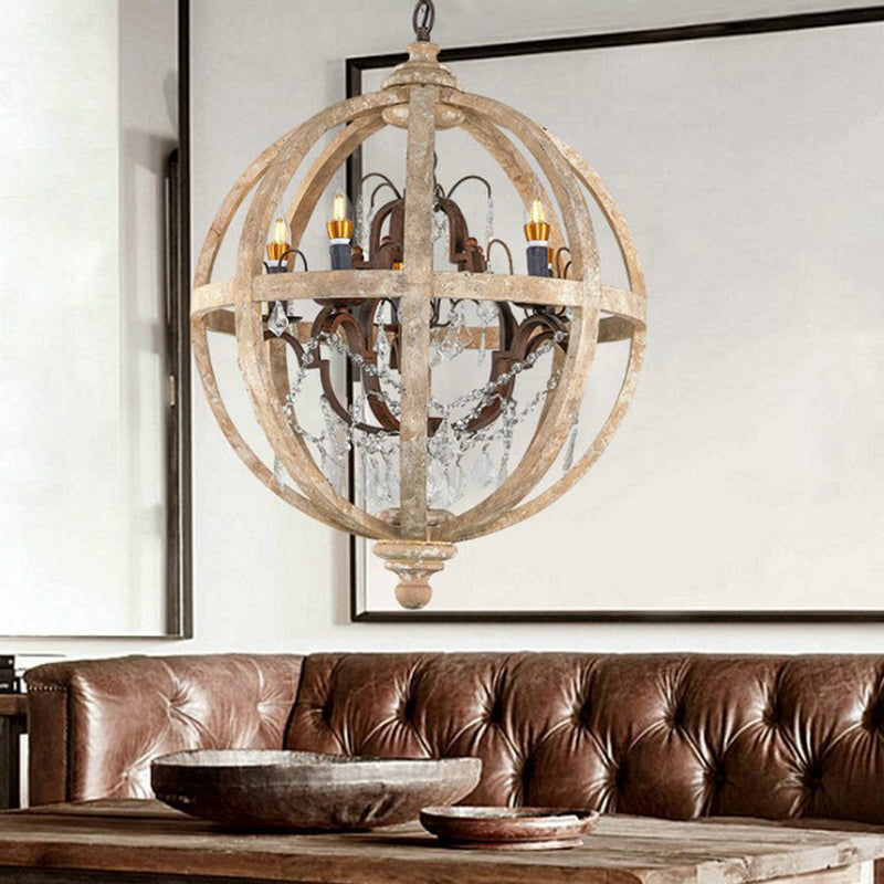 4 Bulbs Chandelier Pendant Light Vintage Sphere Distressed Wood Hanging Light for Dining Room Clearhalo 'Ceiling Lights' 'Chandeliers' Lighting' options 2275362