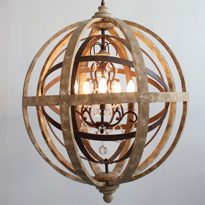 4 Bulbs Chandelier Pendant Light Vintage Sphere Distressed Wood Hanging Light for Dining Room Clearhalo 'Ceiling Lights' 'Chandeliers' Lighting' options 2275363