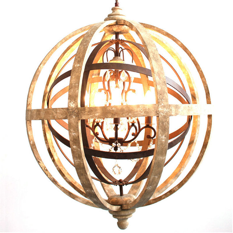 4 Bulbs Chandelier Pendant Light Vintage Sphere Distressed Wood Hanging Light for Dining Room Clearhalo 'Ceiling Lights' 'Chandeliers' Lighting' options 2275366