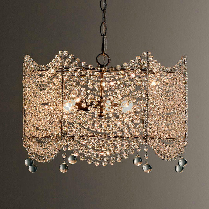 Retro Style Scalloped Suspension Light 3 Bulbs Crystal Bead Chandelier Light in Silver Clearhalo 'Ceiling Lights' 'Chandeliers' Lighting' options 2275367