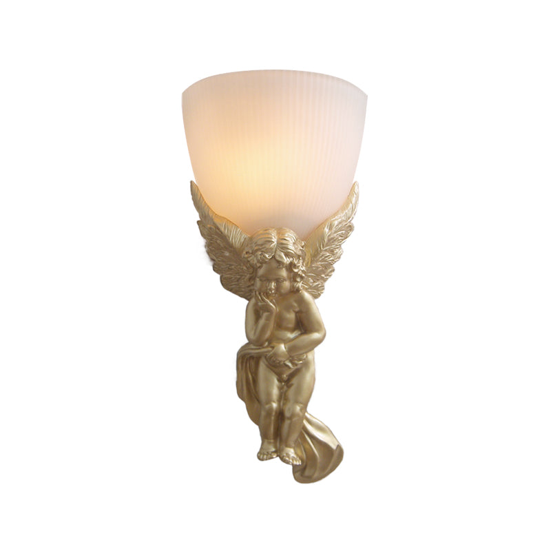 Bowl Frosted Glass Wall Light Fixture Vintage 1 Light Living Room with White/Gold Angel toward Right/Left Clearhalo 'Wall Lamps & Sconces' 'Wall Lights' Lighting' 227537