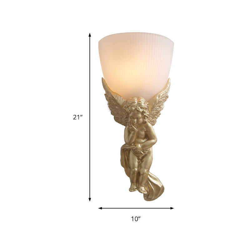 Bowl Frosted Glass Wall Light Fixture Vintage 1 Light Living Room with White/Gold Angel toward Right/Left Clearhalo 'Wall Lamps & Sconces' 'Wall Lights' Lighting' 227538