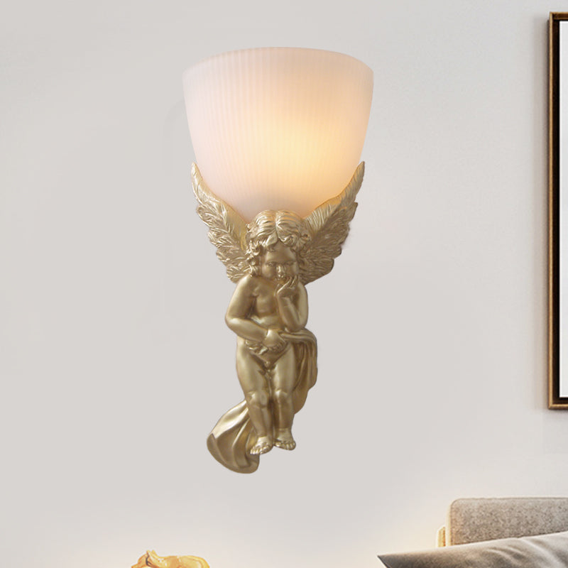 Bowl Frosted Glass Wall Light Fixture Vintage 1 Light Living Room with White/Gold Angel toward Right/Left Gold Left Clearhalo 'Wall Lamps & Sconces' 'Wall Lights' Lighting' 227539