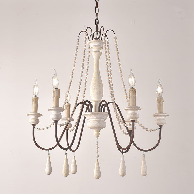 Retro Style Draping Bead Suspension Light 8 Heads Wood Chandelier Light with Candlestick Distressed White Clearhalo 'Ceiling Lights' 'Chandeliers' Lighting' options 2275394_cb43625a-c8fd-4f97-8986-28f43363534b