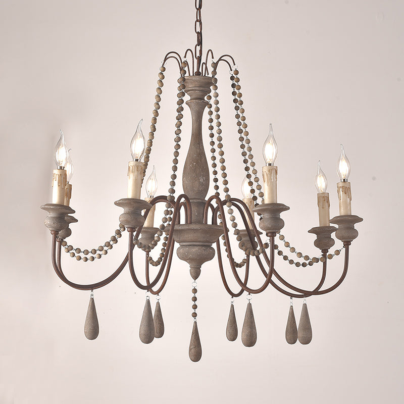 Retro Style Draping Bead Suspension Light 8 Heads Wood Chandelier Light with Candlestick Clearhalo 'Ceiling Lights' 'Chandeliers' Lighting' options 2275397