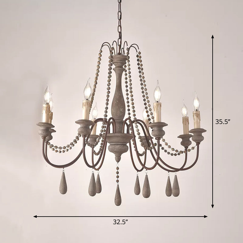 Retro Style Draping Bead Suspension Light 8 Heads Wood Chandelier Light with Candlestick Clearhalo 'Ceiling Lights' 'Chandeliers' Lighting' options 2275398