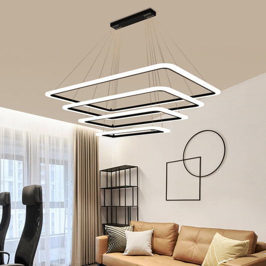 4-Tier Rectangular Living Room LED Suspension Light Acrylic Nordic Style Chandelier Light in Black Black Clearhalo 'Ceiling Lights' 'Chandeliers' 'Modern Chandeliers' 'Modern' Lighting' 2275404