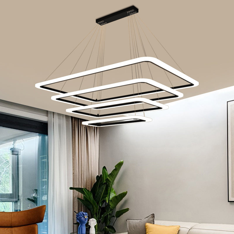 4-Tier Rectangular Living Room LED Suspension Light Acrylic Nordic Style Chandelier Light in Black Clearhalo 'Ceiling Lights' 'Chandeliers' 'Modern Chandeliers' 'Modern' Lighting' 2275405