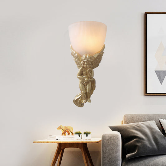 Bowl Frosted Glass Wall Light Fixture Vintage 1 Light Living Room with White/Gold Angel toward Right/Left Clearhalo 'Wall Lamps & Sconces' 'Wall Lights' Lighting' 227540