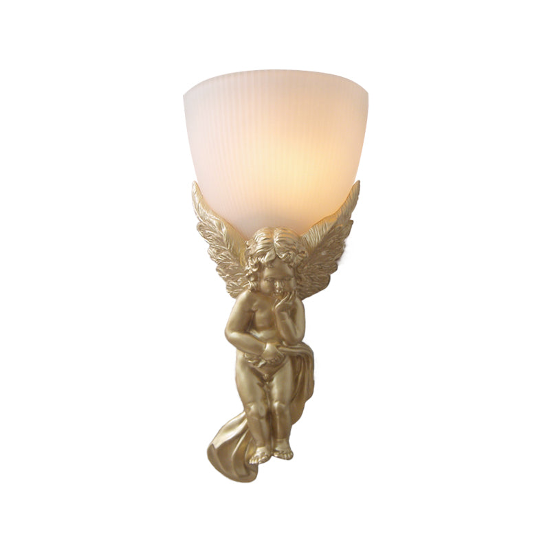 Bowl Frosted Glass Wall Light Fixture Vintage 1 Light Living Room with White/Gold Angel toward Right/Left Clearhalo 'Wall Lamps & Sconces' 'Wall Lights' Lighting' 227541