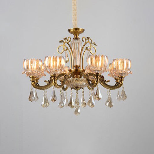 Carved Crystal Hanging Light Antique Gold Finish Lotus Dining Room Ceiling Chandelier Clearhalo 'Ceiling Lights' 'Chandeliers' Lighting' options 2275626