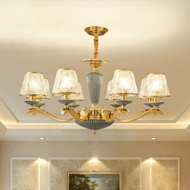 Clear Ribbed Glass Chandelier Lighting Antique Gold Conic Bedroom Ceiling Pendant Lamp 8 Gold Clearhalo 'Ceiling Lights' 'Chandeliers' Lighting' options 2275633_09d75ef6-b3e0-4ca6-8399-4b4fea69451e