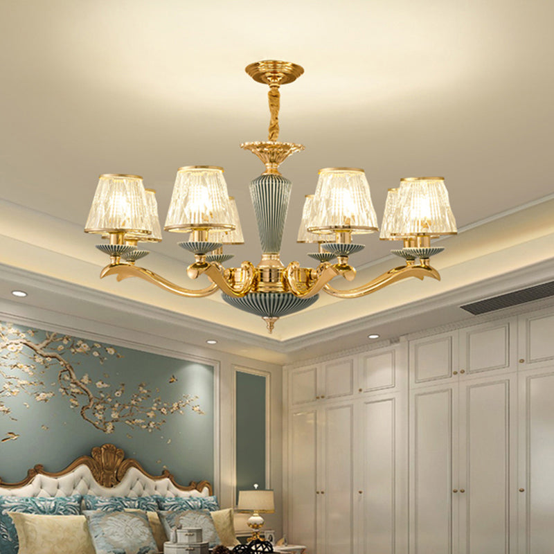 Clear Ribbed Glass Chandelier Lighting Antique Gold Conic Bedroom Ceiling Pendant Lamp Clearhalo 'Ceiling Lights' 'Chandeliers' Lighting' options 2275634